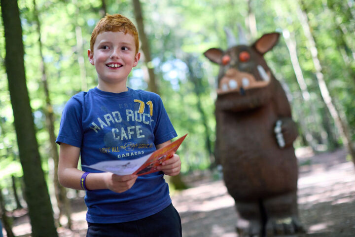 Boy holding a trail map next to a wooden sculpture