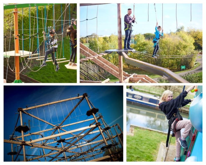 Collage of photos showing high rope activities