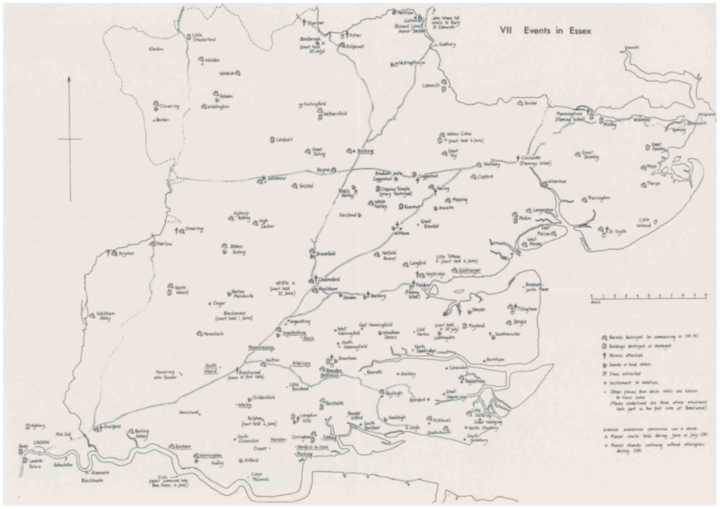 Map showing key sites from Publication No.81 – Essex and the Peasants’ Revolt: a selection of evidence from contemporary chronicles, court rolls and other sources, Essex Record Office