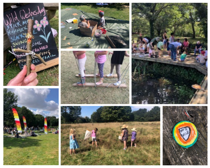 Collage of photos showing activities such as messy play, stick men making and pond dipping.