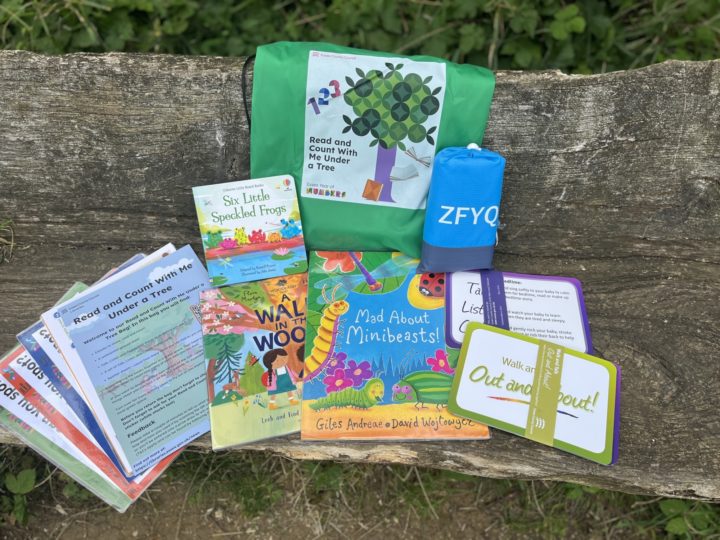 Books and activities from the Read and Count with Me Under a Tree book bag on a bench