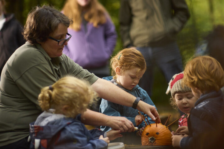 Outdoor learning staff with children at forest school