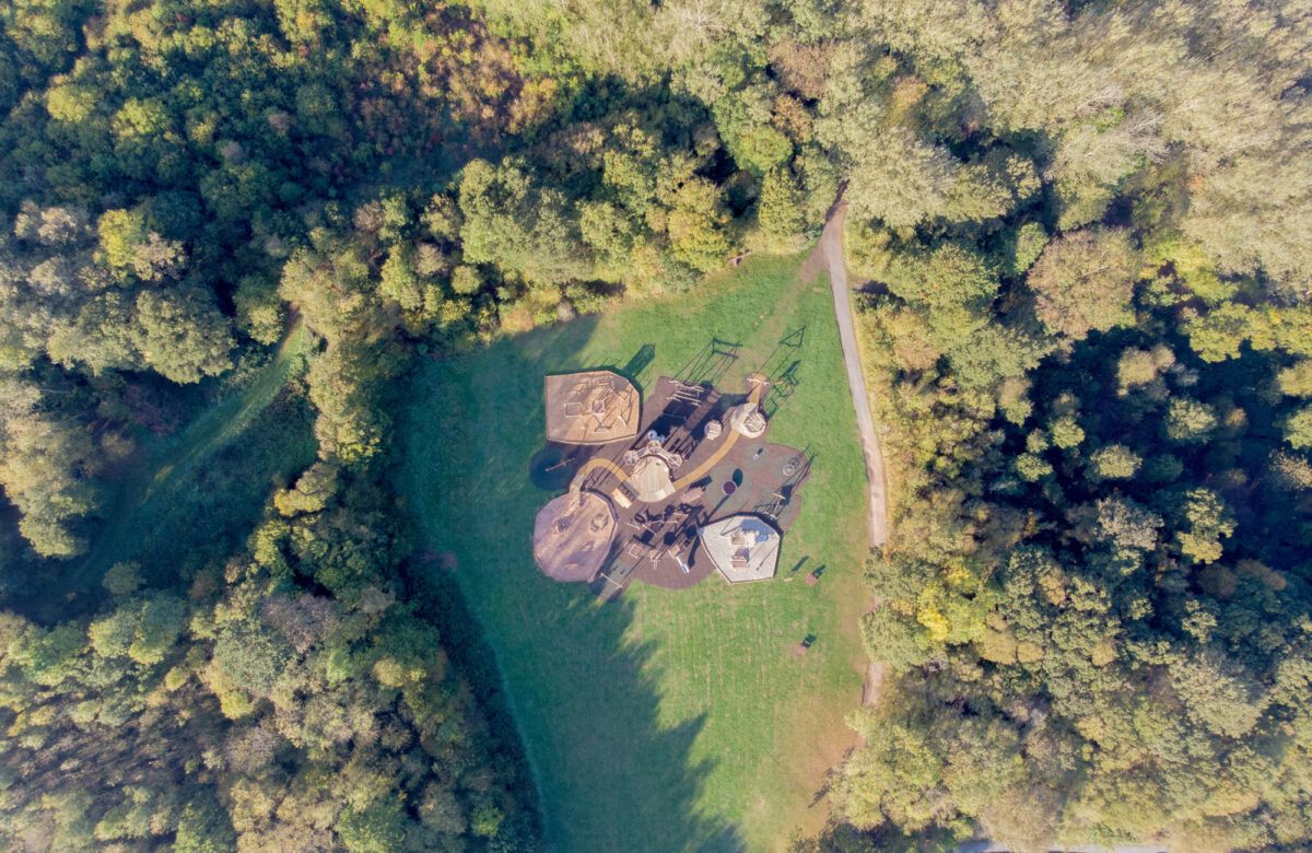 A high aerial shot of an adventure playground