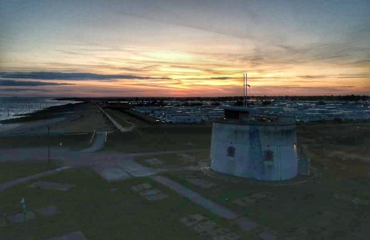 Aerial shot of Jaywick Martello Tower at night