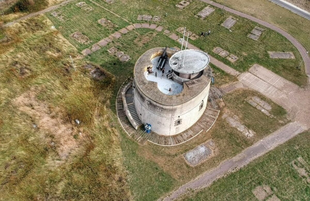 Aerial shot of Jaywick Martello Tower