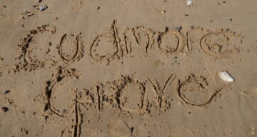 The words Cudmore Grove written in the sand