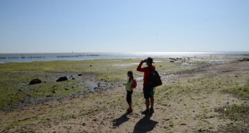 A man and young girl exploring the coast