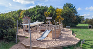 Wooden apparatus at an outdoor adventure playground
