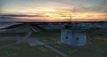 Aerial shot of Jaywick Martello Tower at night