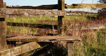 A wooden sty over a wooden fence