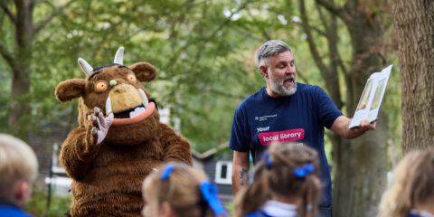 The Gruffalo and Tony Lee Community Connector storyteller for Essex Library Service children from Kelvedon Hatch Community Primary school