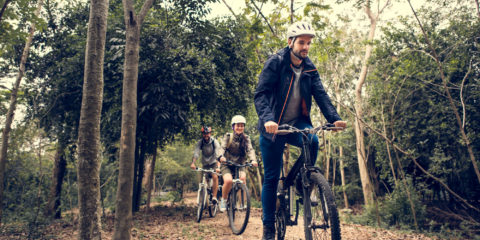 A family of adults on mountain bikes in a forest